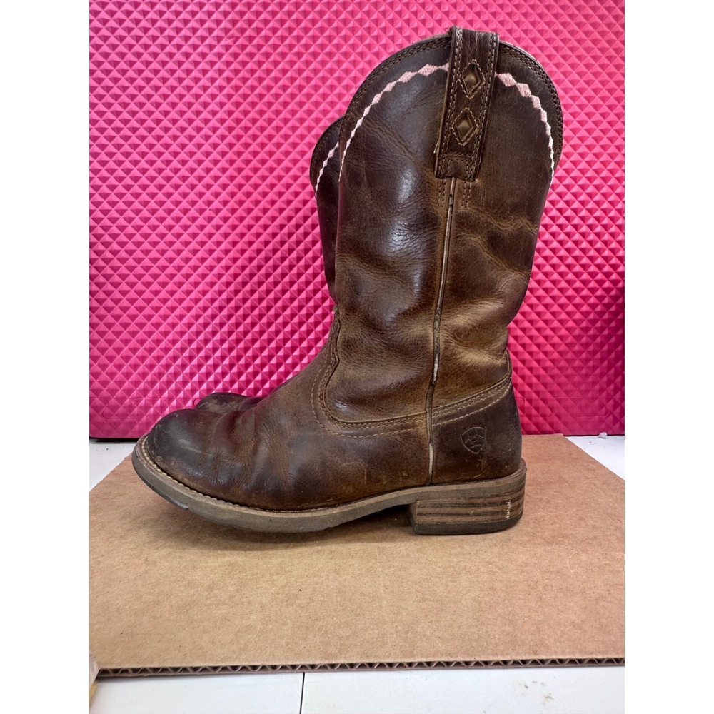Ariat Fatbaby Brown Leather Western Boots Pink Stitching Round Toe Cowgirl Boots